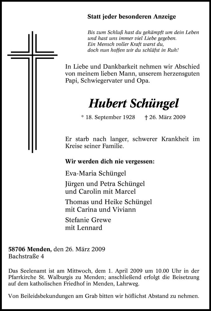  Traueranzeige für Hubert Schüngel vom 28.03.2009 aus Tageszeitung