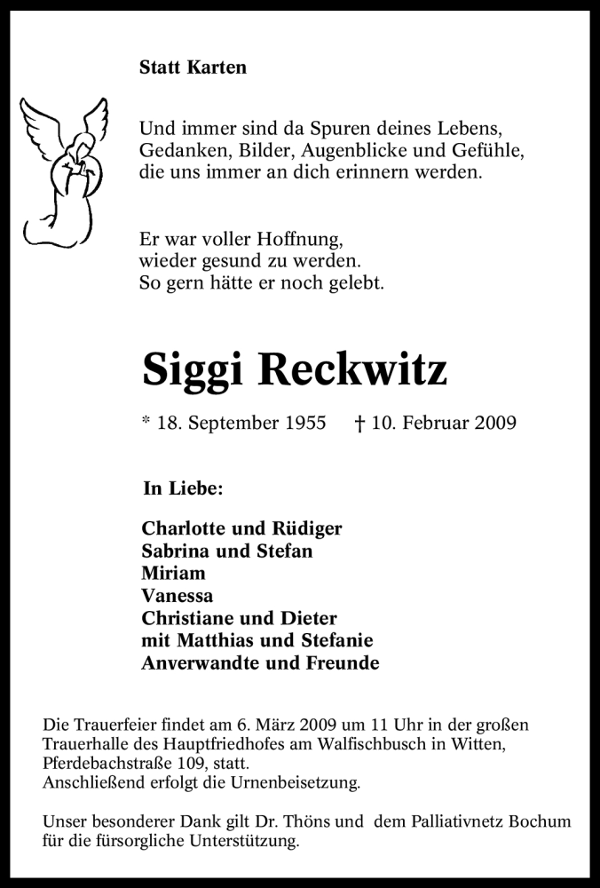  Traueranzeige für Siggi Reckwitz vom 04.03.2009 aus Tageszeitung