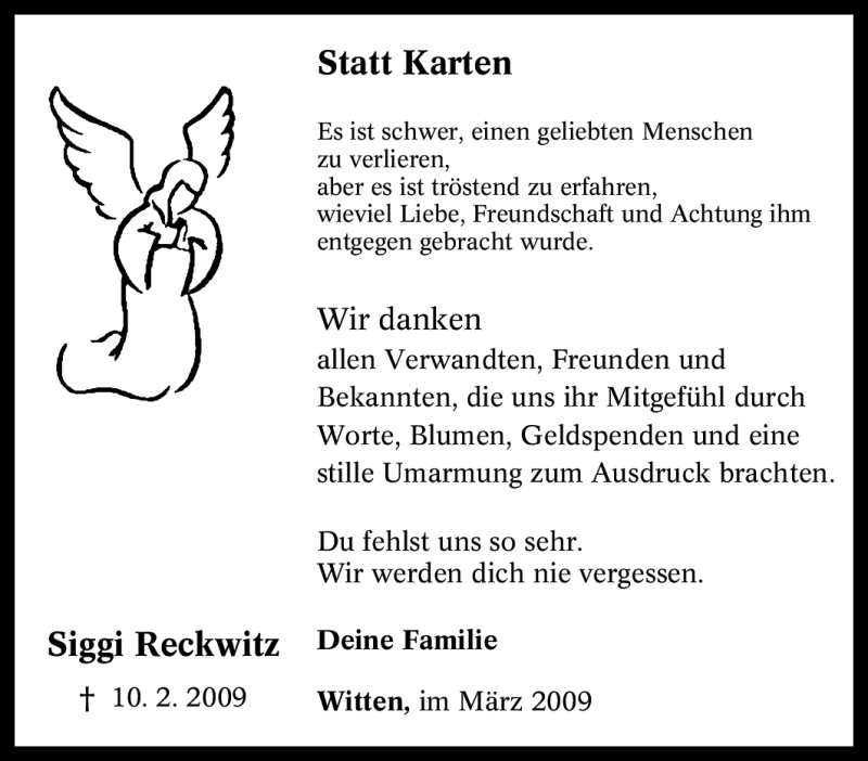  Traueranzeige für Siggi Reckwitz vom 21.03.2009 aus Tageszeitung