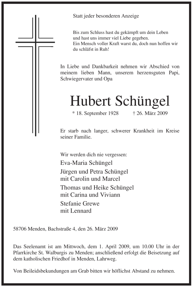  Traueranzeige für Hubert Schüngel vom 28.03.2009 aus Tageszeitung