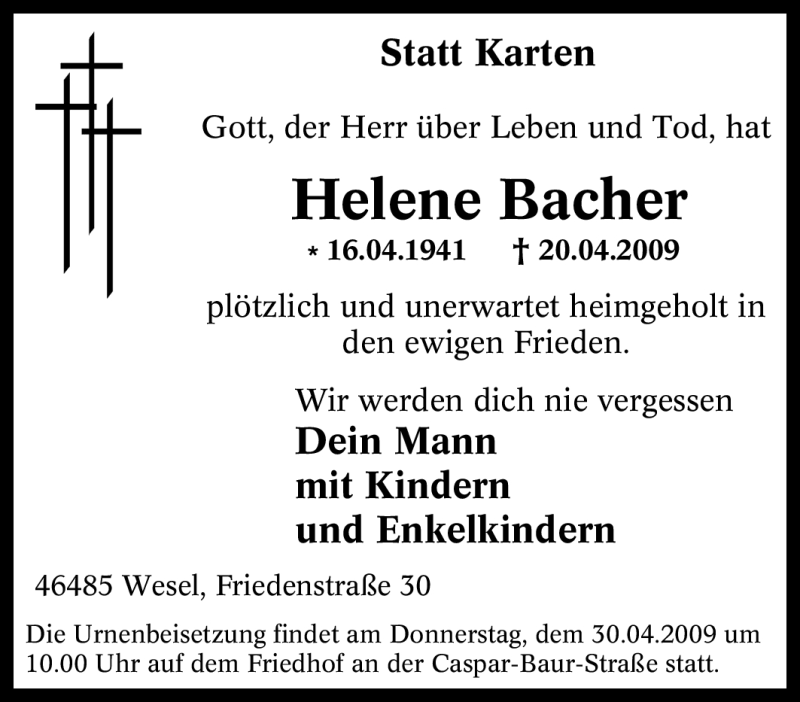  Traueranzeige für Helene Bacher vom 22.04.2009 aus Tageszeitung
