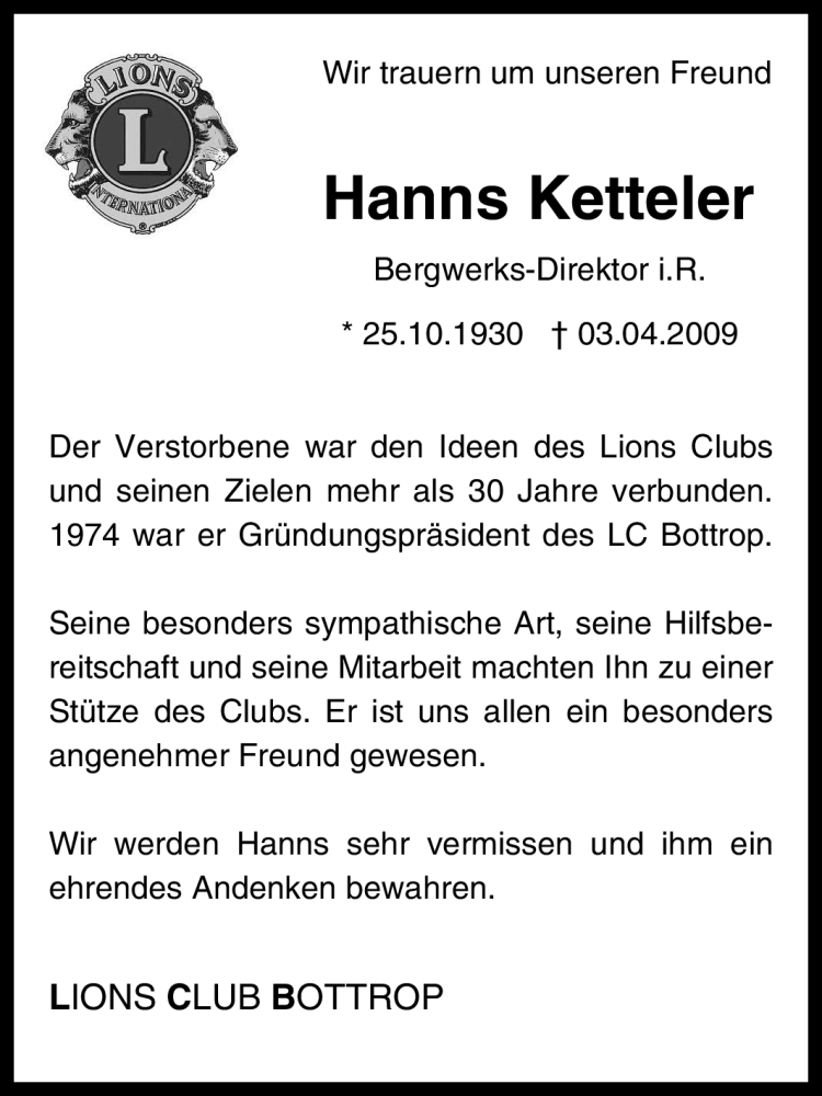  Traueranzeige für Hanns Ketteler vom 07.04.2009 aus Tageszeitung