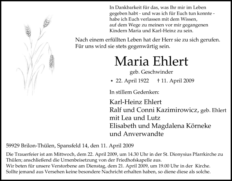  Traueranzeige für Maria Ehlert vom 17.04.2009 aus Tageszeitung
