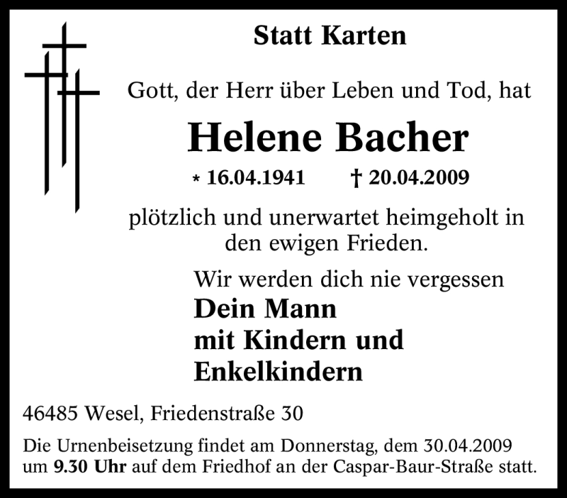  Traueranzeige für Helene Bacher vom 23.04.2009 aus Tageszeitung