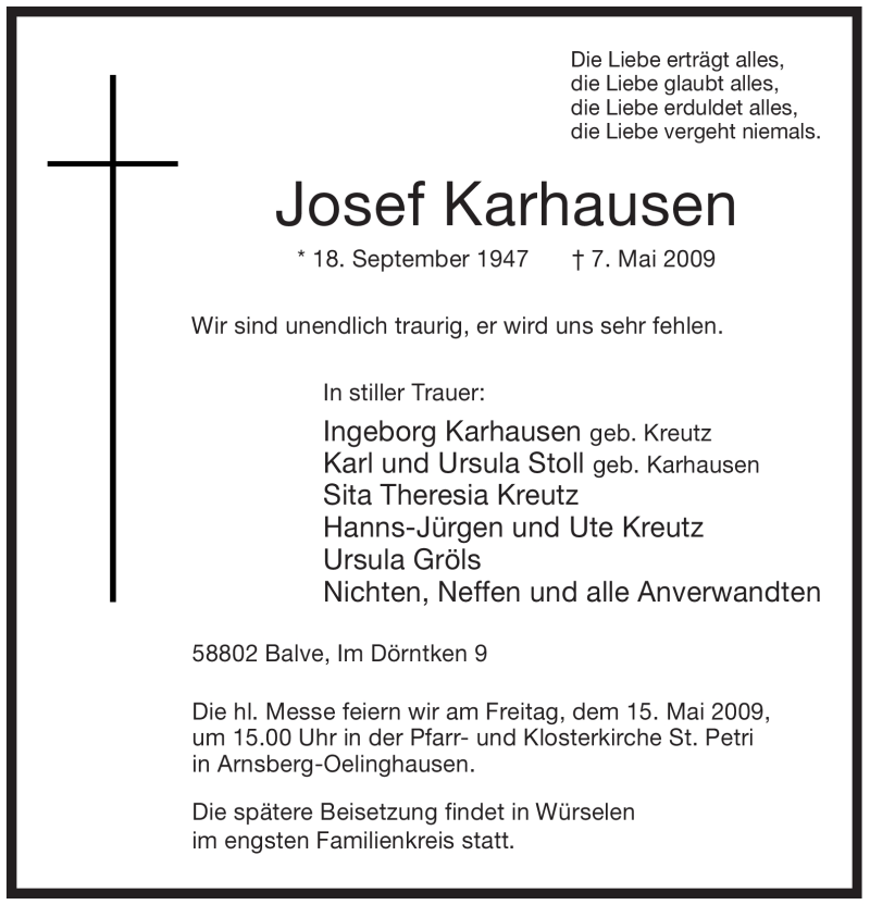  Traueranzeige für Josef Karhausen vom 09.05.2009 aus Tageszeitung