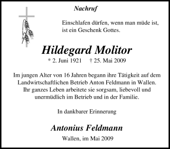 Traueranzeige von Hildegard Molitor von Tageszeitung