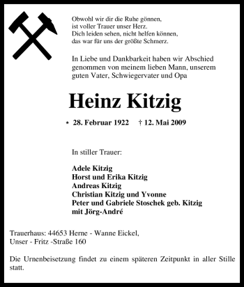Traueranzeige von Heinz Kitzig von Tageszeitung