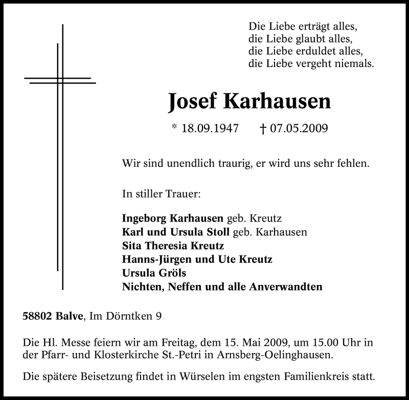  Traueranzeige für Josef Karhausen vom 09.05.2009 aus Tageszeitung