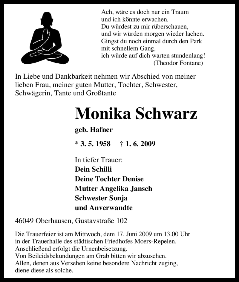 Traueranzeige für Monika Schwarz vom 15.06.2009 aus Tageszeitung
