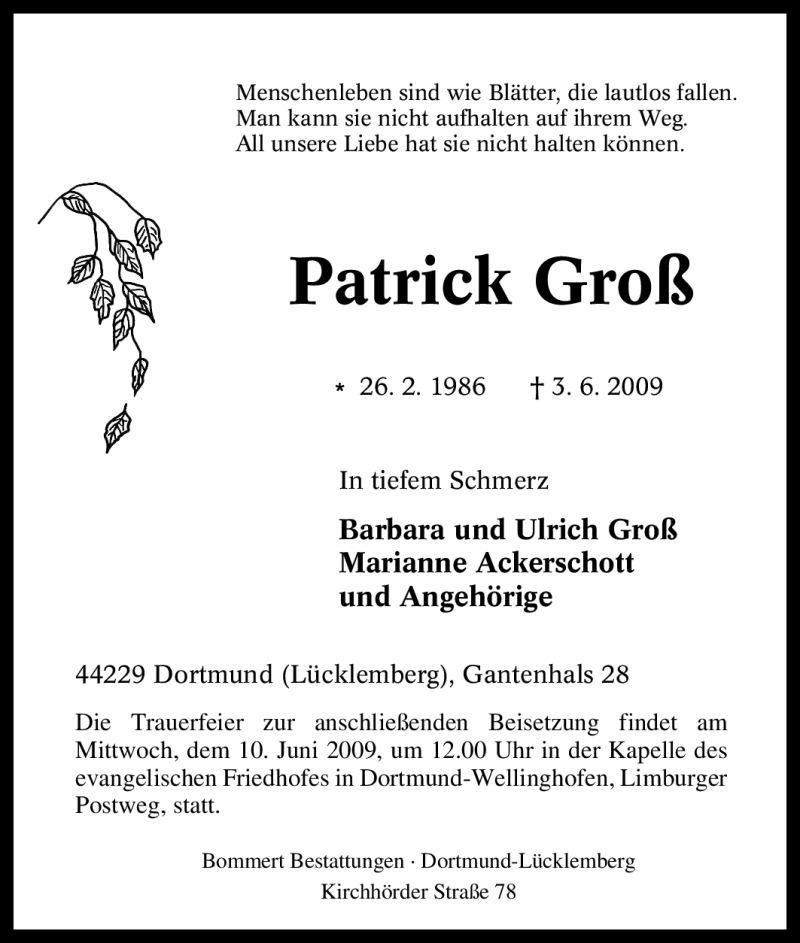  Traueranzeige für Patrick Groß vom 08.06.2009 aus WESTDEUTSCHE ALLGEMEINE ZEITUNG