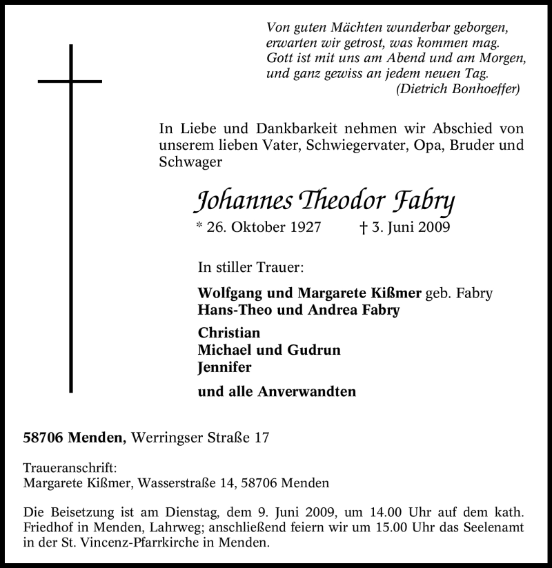  Traueranzeige für Johannes Theodor Fabry vom 06.06.2009 aus Tageszeitung