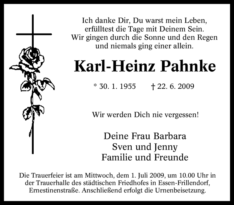  Traueranzeige für Karl-Heinz Pahnke vom 27.06.2009 aus WESTDEUTSCHE ALLGEMEINE ZEITUNG