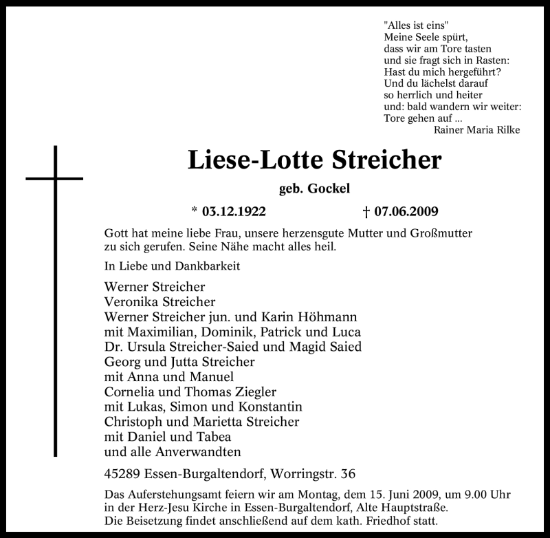  Traueranzeige für Liese-Lotte Streicher vom 09.06.2009 aus Tageszeitung