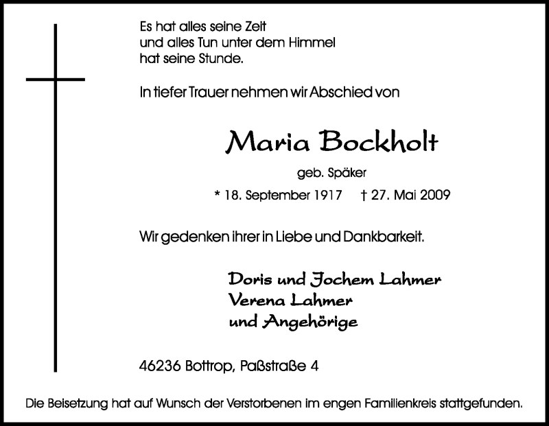  Traueranzeige für Maria Bochholt vom 03.06.2009 aus WESTDEUTSCHE ALLGEMEINE ZEITUNG
