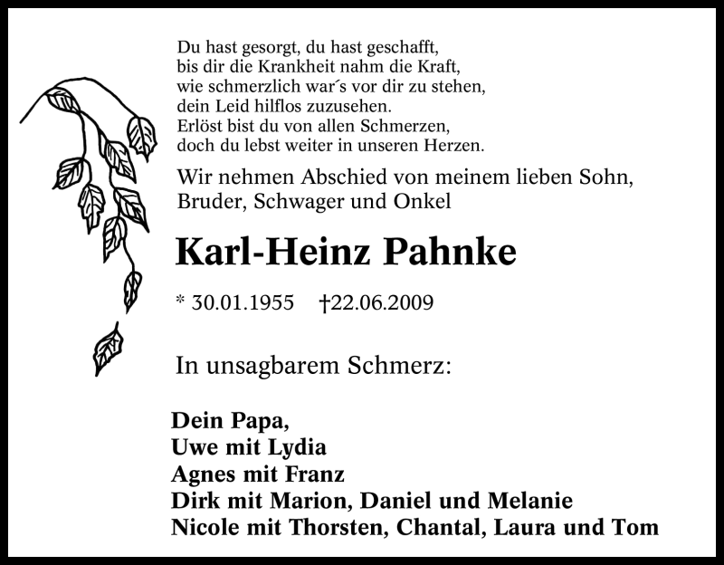  Traueranzeige für Karl-Heinz Pahnke vom 27.06.2009 aus WESTDEUTSCHE ALLGEMEINE ZEITUNG