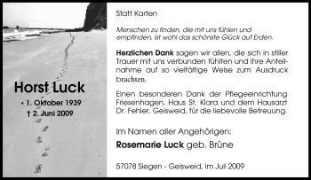 Traueranzeige von Horst Luck von Tageszeitung