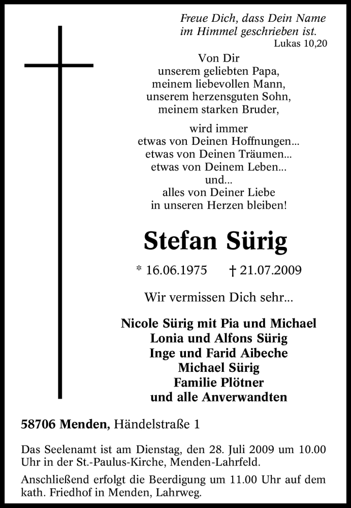  Traueranzeige für Stefan Sürig vom 24.07.2009 aus Tageszeitung