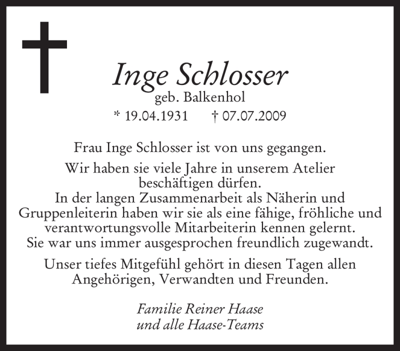  Traueranzeige für Inge Schlosser vom 23.07.2009 aus Tageszeitung