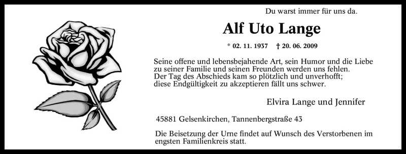  Traueranzeige für Alf Uto Lange vom 01.07.2009 aus Tageszeitung