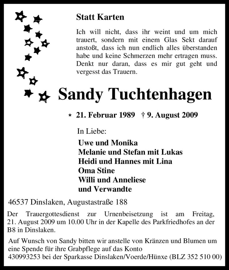  Traueranzeige für Sandy Tuchtenhagen vom 18.08.2009 aus Tageszeitung