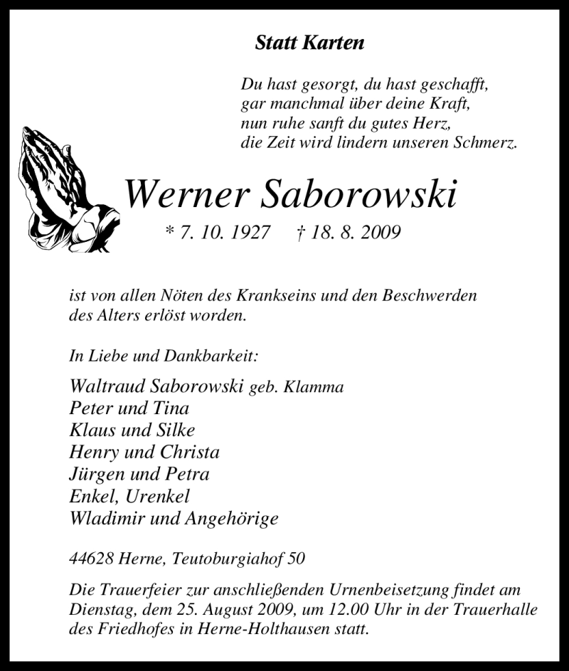  Traueranzeige für Werner Saborowski vom 20.08.2009 aus WESTDEUTSCHE ALLGEMEINE ZEITUNG