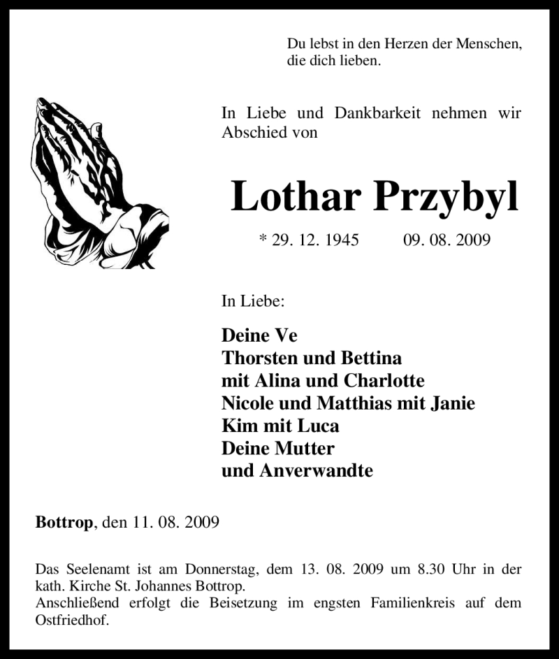  Traueranzeige für Lothar Przybyl vom 11.08.2009 aus WESTDEUTSCHE ALLGEMEINE ZEITUNG