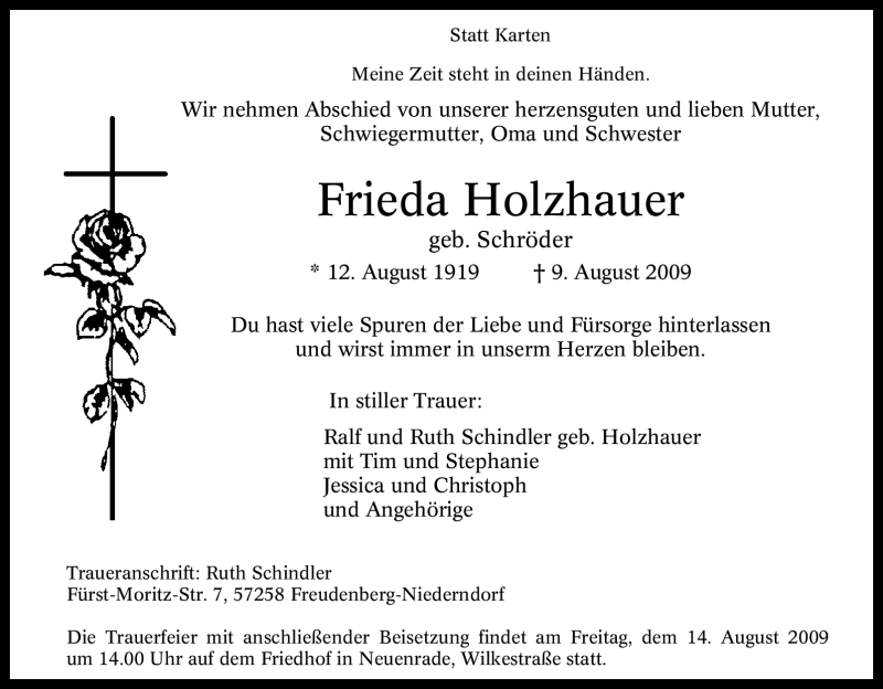  Traueranzeige für Frieda Holzhauer vom 11.08.2009 aus WESTDEUTSCHE ALLGEMEINE ZEITUNG