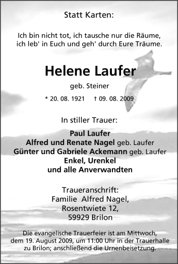 Traueranzeige von Helene Laufer von WESTDEUTSCHE ALLGEMEINE ZEITUNG