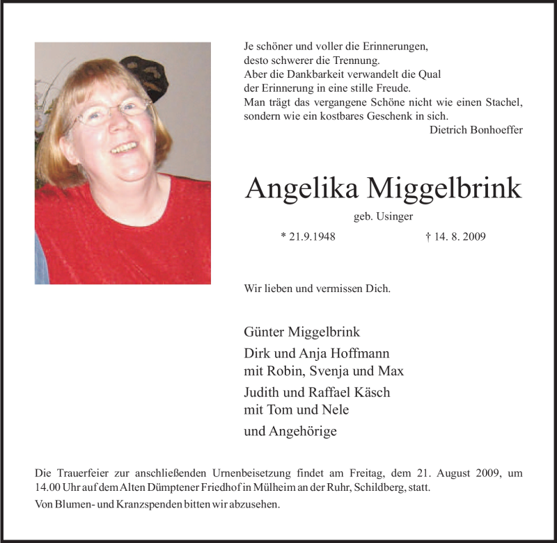  Traueranzeige für Angelika Miggelbrink vom 20.08.2009 aus Tageszeitung