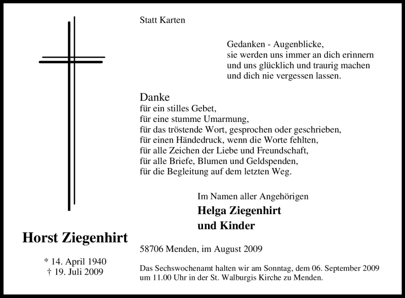  Traueranzeige für Horst Ziegenhirt vom 29.08.2009 aus Tageszeitung