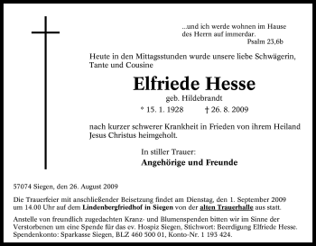 Traueranzeige von Elfriede Hesse von Tageszeitung