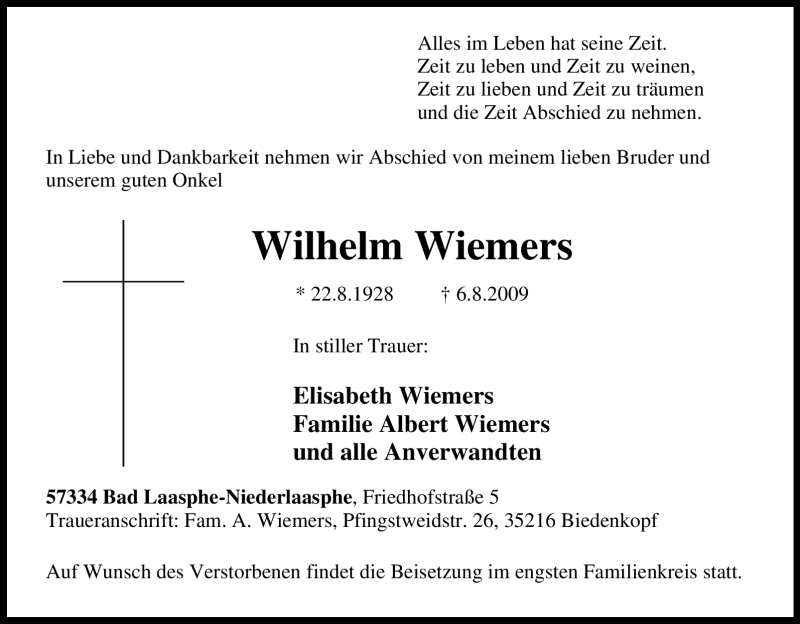  Traueranzeige für Wilhelm Wiemers vom 08.08.2009 aus WESTDEUTSCHE ALLGEMEINE ZEITUNG