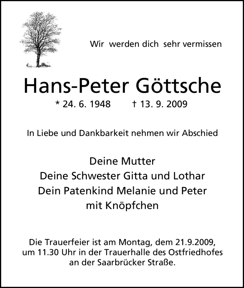  Traueranzeige für Hans-Peter Göttsche vom 19.09.2009 aus Tageszeitung
