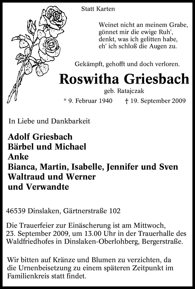  Traueranzeige für Roswitha Griesbach vom 22.09.2009 aus Tageszeitung