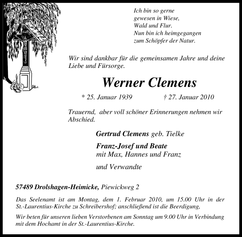  Traueranzeige für Werner Clemens vom 28.01.2010 aus WESTDEUTSCHE ALLGEMEINE ZEITUNG