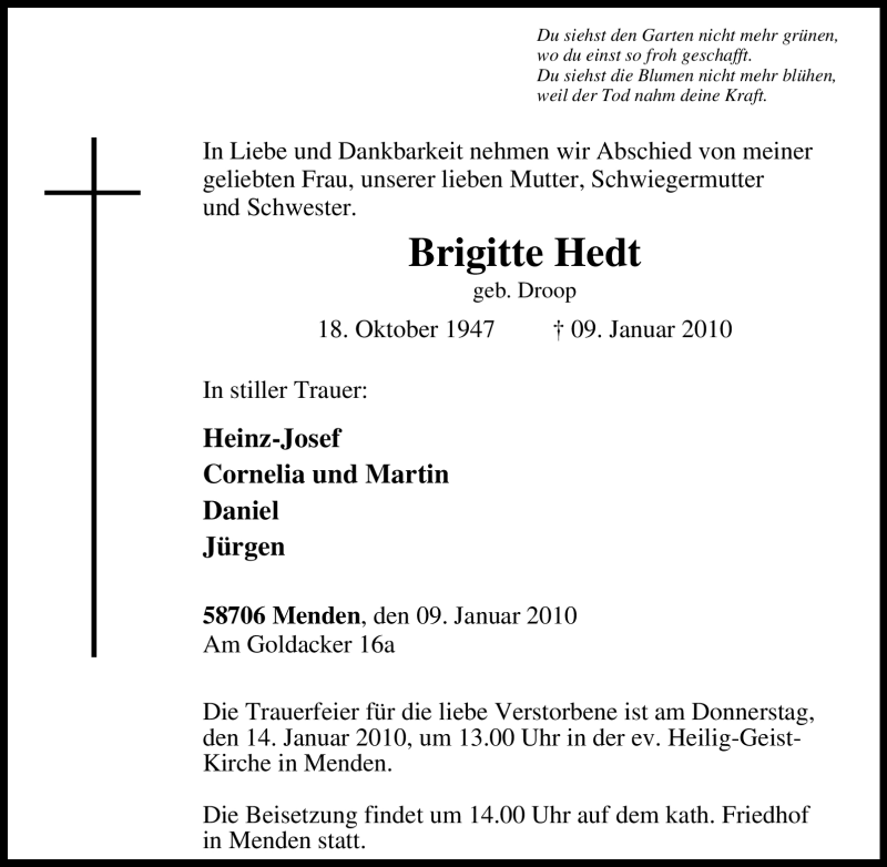  Traueranzeige für Brigitte Hedt vom 12.01.2010 aus Tageszeitung