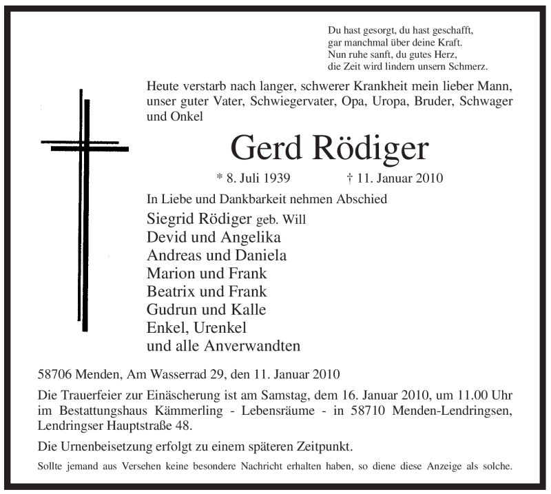  Traueranzeige für Gerd Rödiger vom 13.01.2010 aus Tageszeitung
