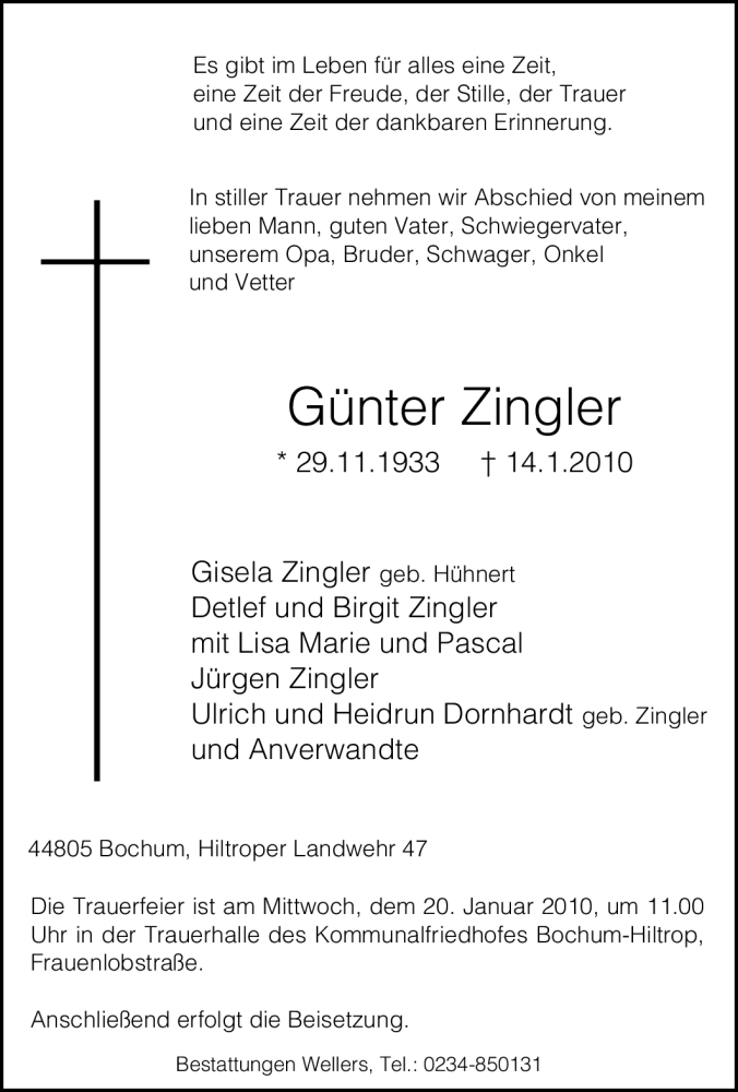  Traueranzeige für Günter Zingler vom 18.01.2010 aus Tageszeitung