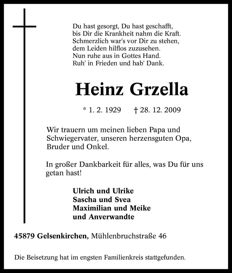  Traueranzeige für Heinz Grzella vom 04.01.2010 aus Tageszeitung