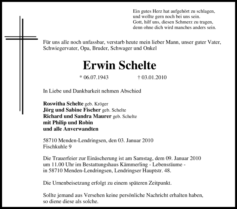  Traueranzeige für Erwin Schelte vom 05.01.2010 aus Tageszeitung