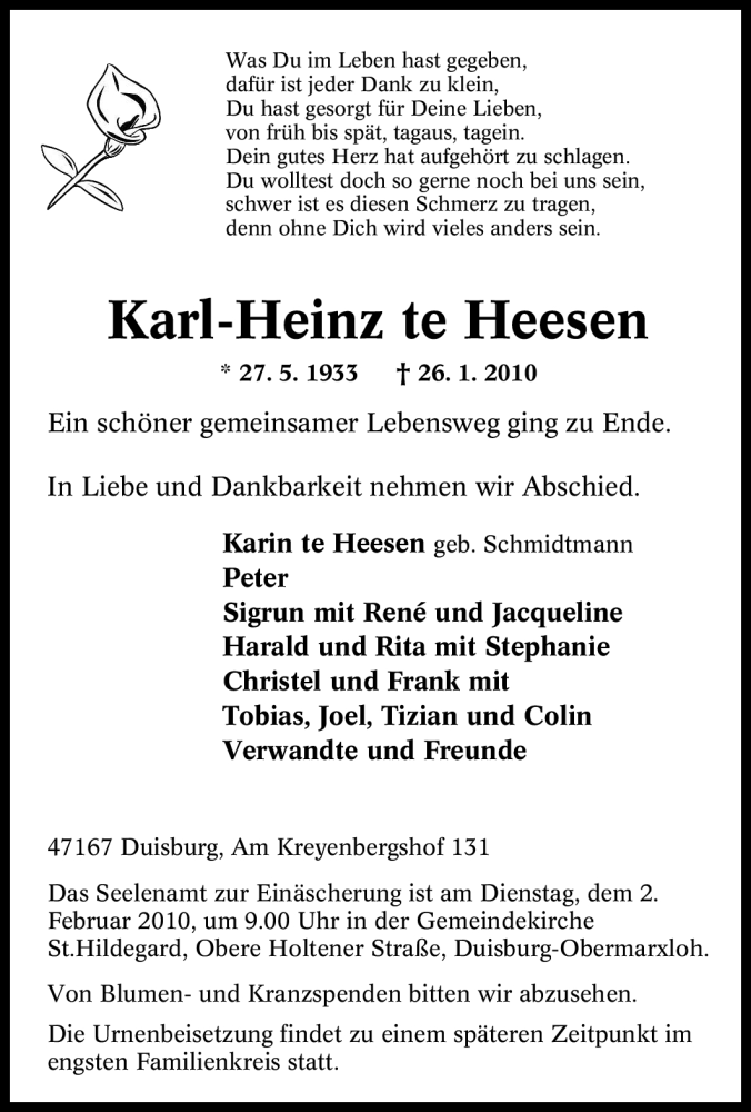  Traueranzeige für Karl-Heinz te Heesen vom 28.01.2010 aus Tageszeitung