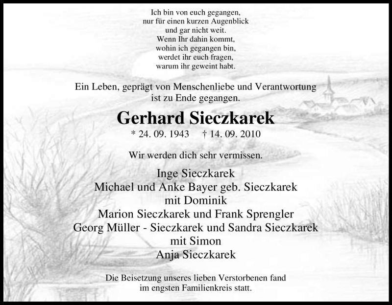  Traueranzeige für Gerhard Sieczkarek vom 02.10.2010 aus Tageszeitung