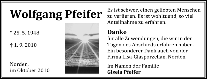  Traueranzeige für Wolfgang Pfeifer vom 09.10.2010 aus Tageszeitung