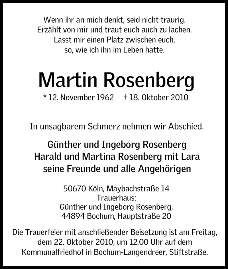  Traueranzeige für Martin Rosenberg vom 21.10.2010 aus WESTDEUTSCHE ALLGEMEINE ZEITUNG