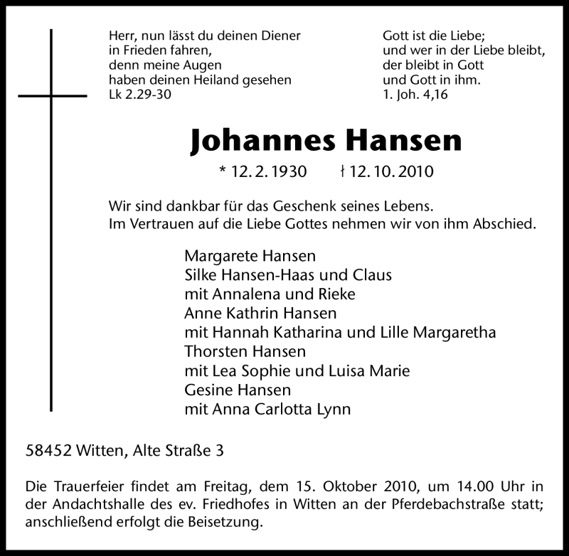  Traueranzeige für Johannes Hansen vom 14.10.2010 aus WESTDEUTSCHE ALLGEMEINE ZEITUNG