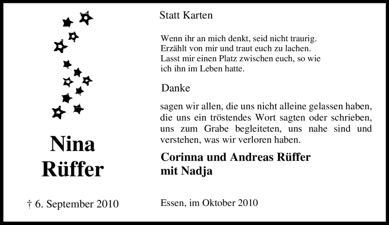  Traueranzeige für Nina Rüffer vom 02.10.2010 aus WESTDEUTSCHE ALLGEMEINE ZEITUNG