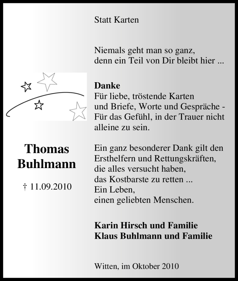  Traueranzeige für Thomas Buhlmann vom 20.10.2010 aus Tageszeitung
