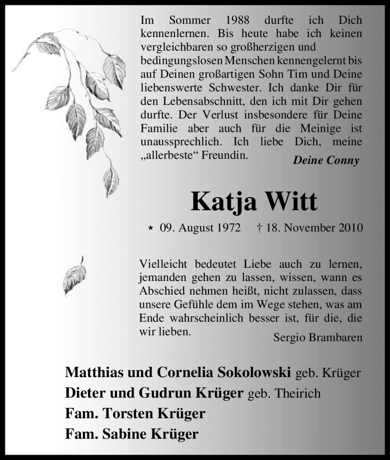  Traueranzeige für Katja Witt vom 22.11.2010 aus Tageszeitung