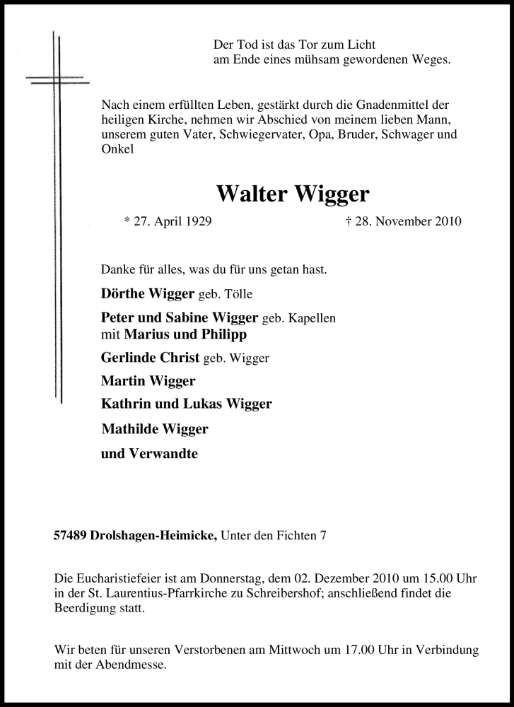  Traueranzeige für Walter Wigger vom 30.11.2010 aus WESTDEUTSCHE ALLGEMEINE ZEITUNG
