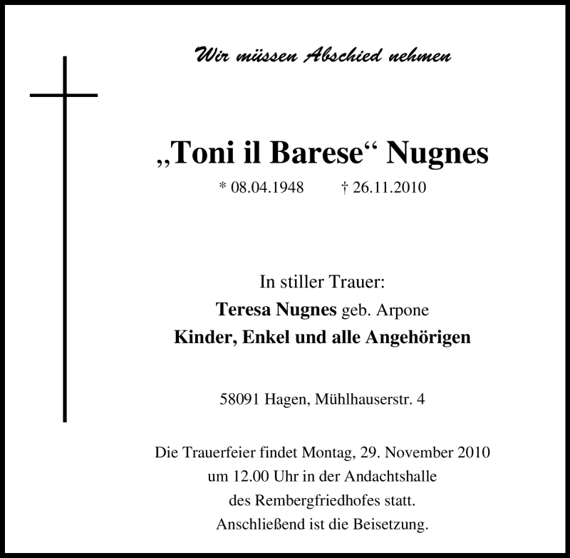 Traueranzeige für Toni Nugnes vom 27.11.2010 aus Tageszeitung